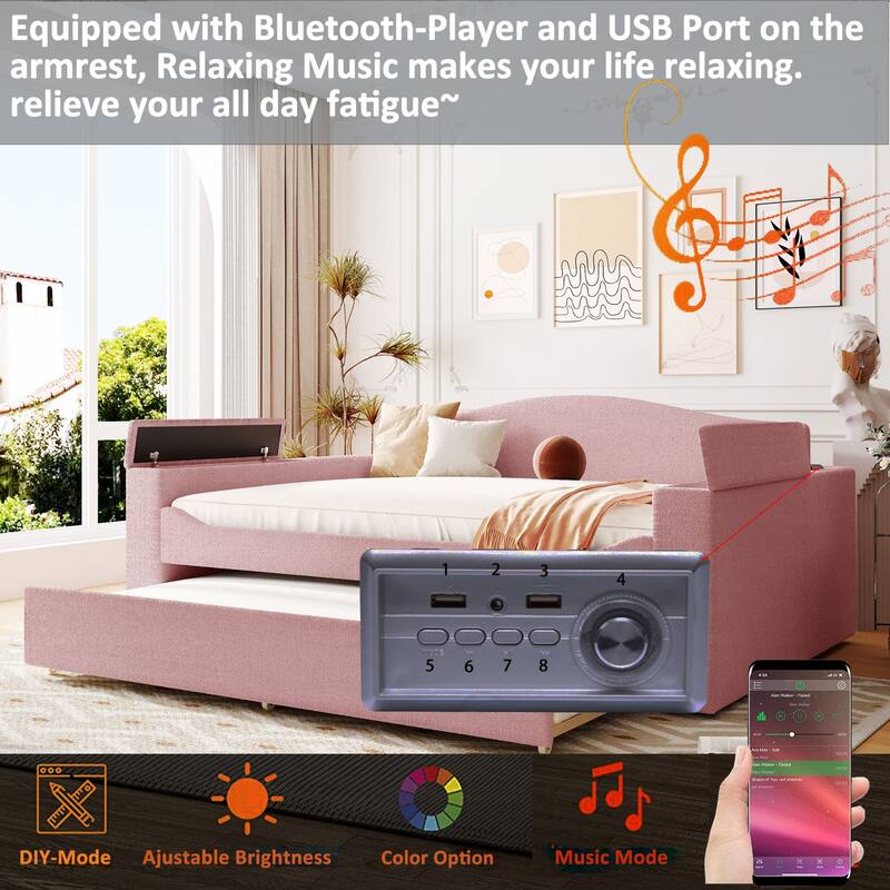 Sofa bed with storage arms, trundle bed and Bluetooth stereo
