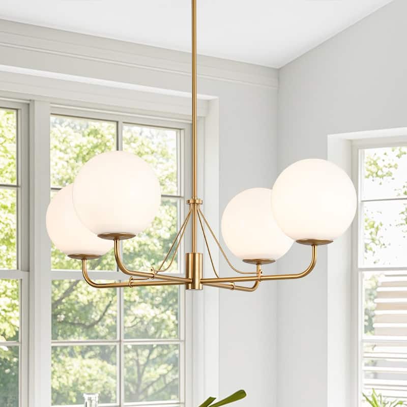 Modern Opal Glass Globe Quadra Dining Chandelier - Brushed Gold