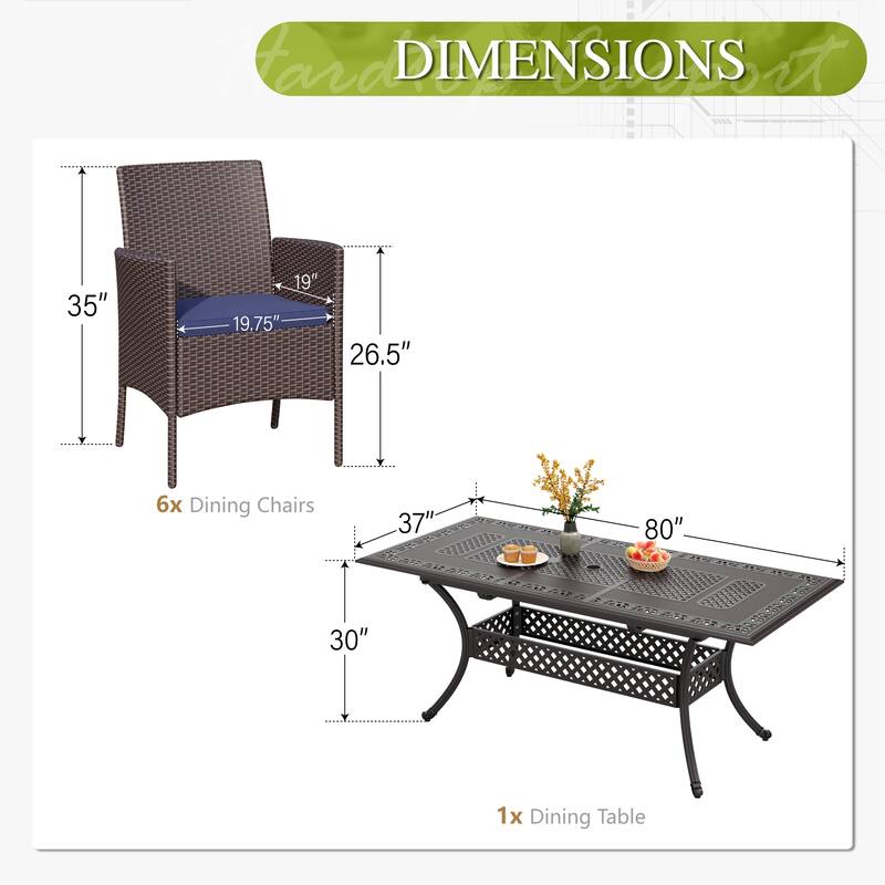 MAISON ARTS 7 Pieces Patio Dining Set Outdoor Rattan Wicker Dining Furniture Set with Umbrella Hole