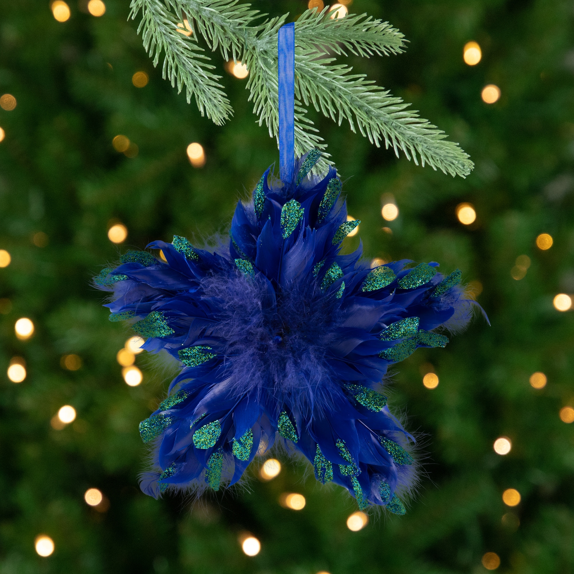 Plush Glittery Peacock Feather Star Shaped Christmas Ornament - 9" - Blue