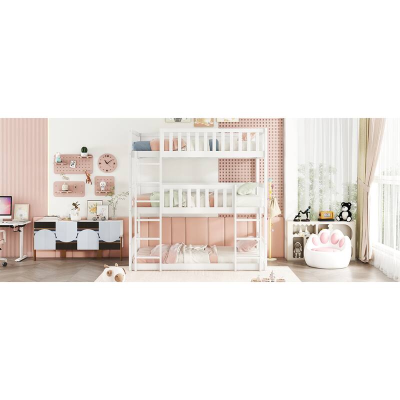 Roomfitters Twin Triple Bunk Bed, Rubber Wood Detachable Design with Ladders and Guardrails, Twin over Twin over Twin