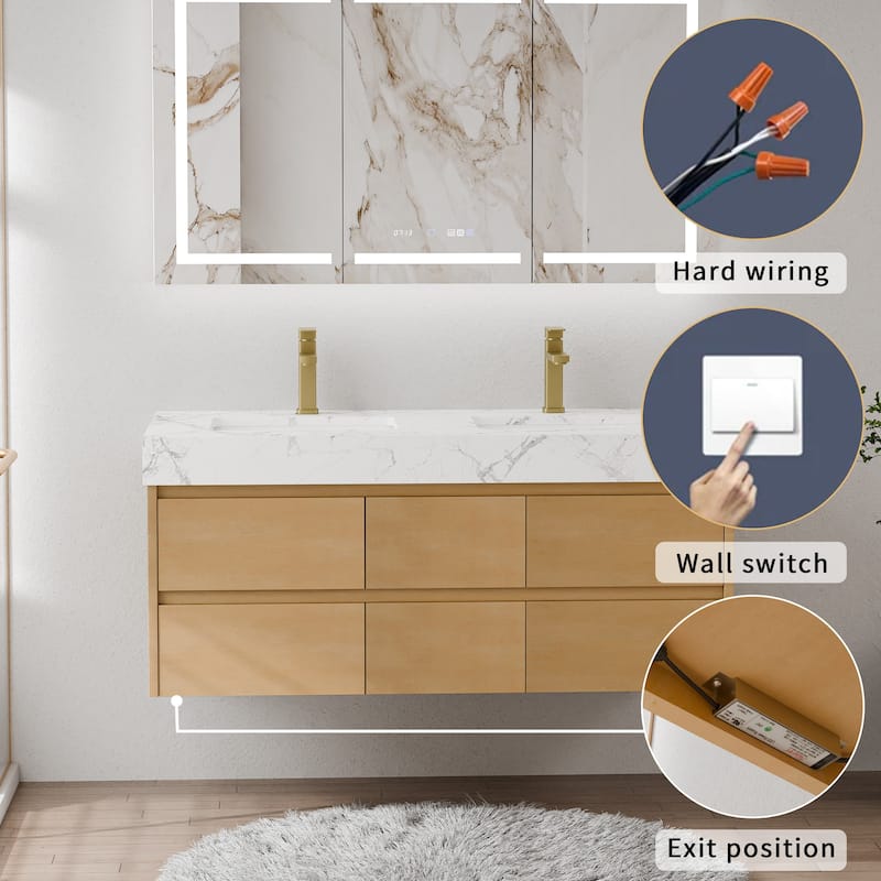 Modland 48" Floating Bathroom Vanity with Single/Double Sink, Modern Maple Wood Wall Mounted Vanity with Marble Countertop