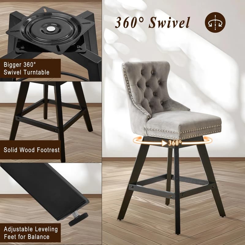 Velvet Wing-Back Tufted Nailhead Upholstered Bar Stools (Set of 4)