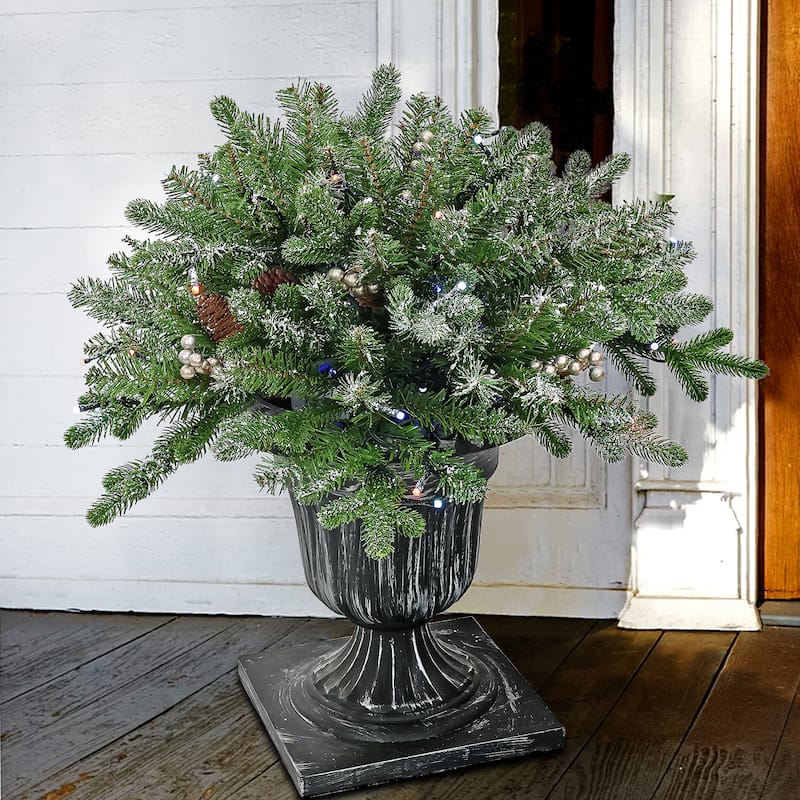 National Tree Company 2 ft. Pre-Lit Feel-Real Snowy Morgan Spruce Porch Bush in Silver Brushed Plastic Urn - Green - 2 ft