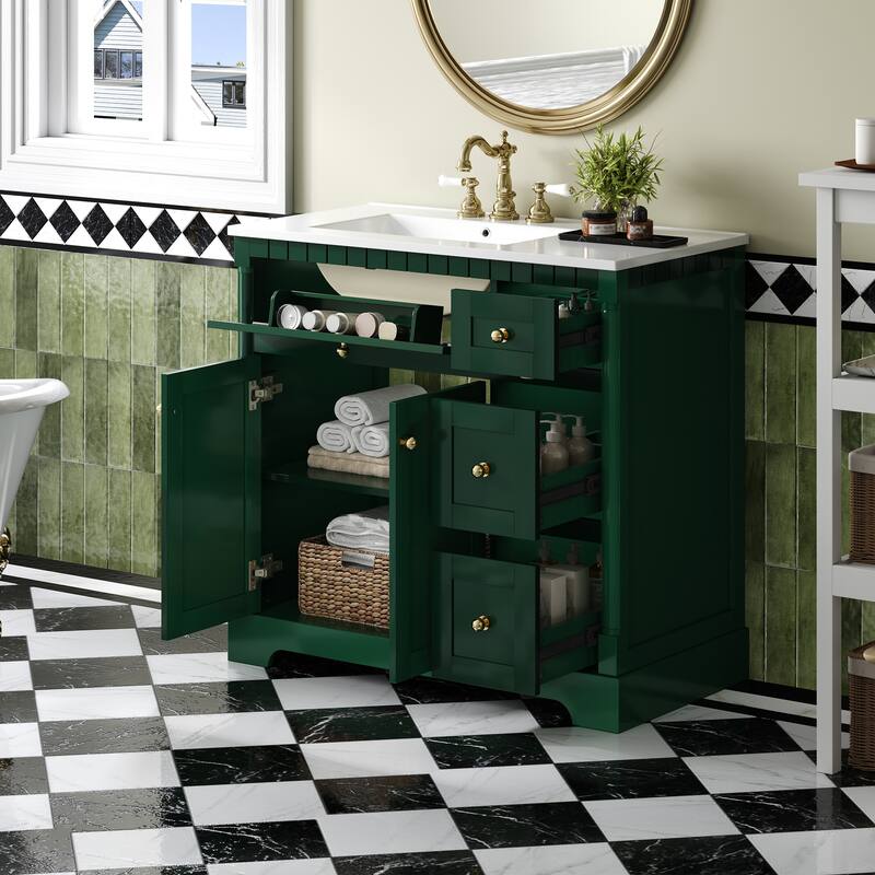36" Modern Bathroom Vanity with Adjustable Shelf - Soft-Close Doors, 3 Drawers + Tip-Out Tray, Freestanding Storage Cabinet