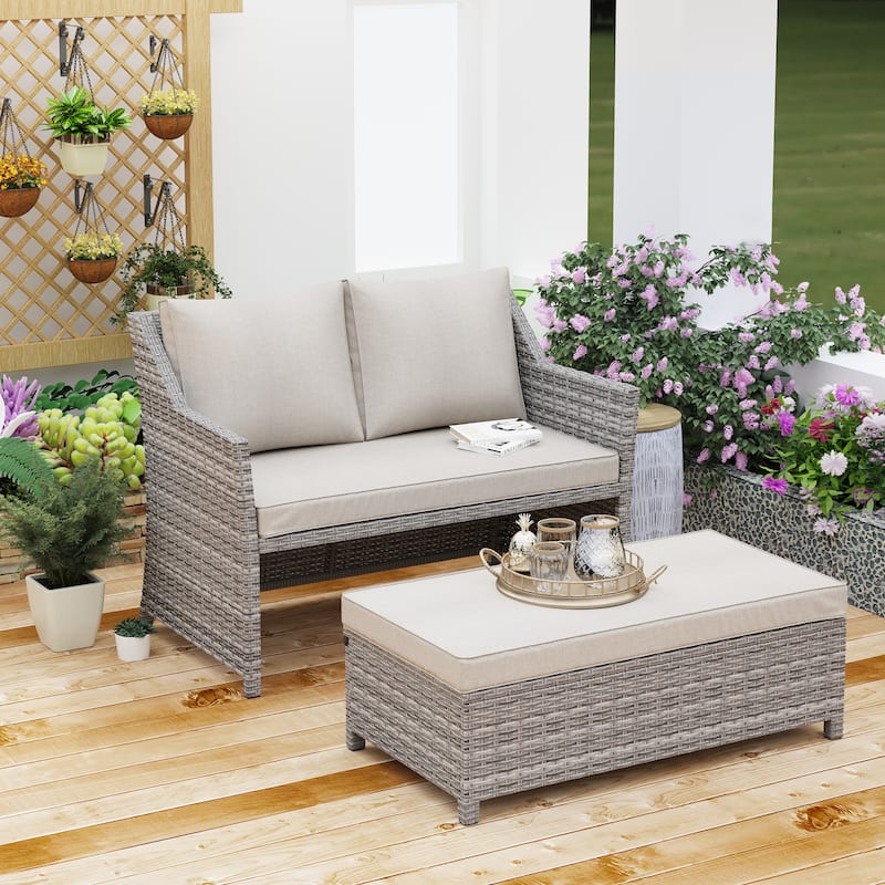 2-Piece Outdoor Patio Furniture Wicker Loveseat and Storage Ottoman - Beige