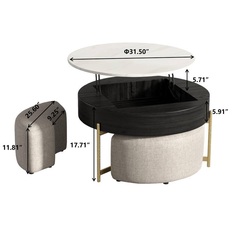 31.5'' Modern Round Lift-Top Coffee Table Set with Storage & 3 Ottomans