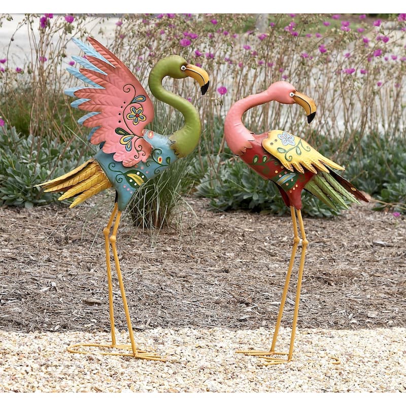 Metal Flamingo Indoor Outdoor Embossed Standing Decorative Garden Sculpture - Set of 2 Multi Colored - Roche River Decor