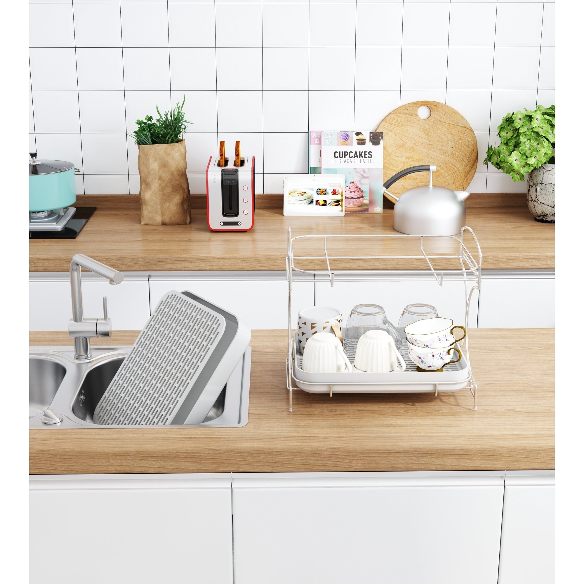 Double Layer Dish Drying Rack Shelf Holder Basket Cup Utensil Dryer  Organizer - Grey - Bed Bath & Beyond - 37022181