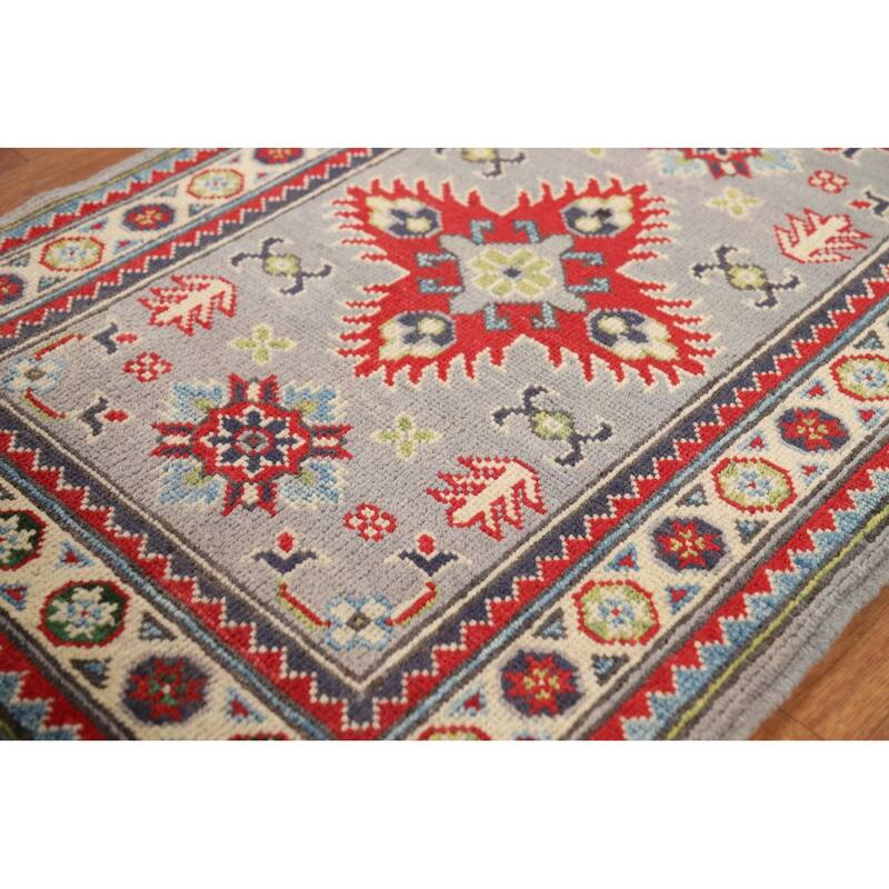Geometric Kazak Oriental Accent Rug Grey Hand-Knotted Wool Carpet - 2'0" x 3'0"