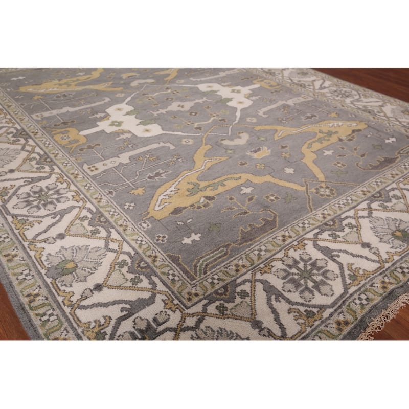Transitional Gray Oushak Indian Rug Hand-Knotted Wool Carpet - 7'11"x 9'9"