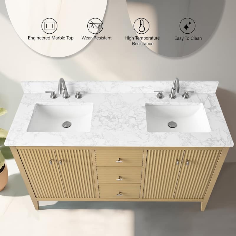 Vanity Art 60" Double Sink Bathroom Vanity Cabinet with Engineered Marble Top