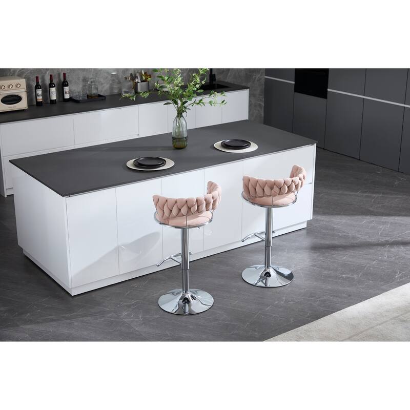 Set of 2 Velvet Bar Stools with Chrome Footrest and Base Swivel Height Adjustable Mechanical Lifting, Simple Bar Stool
