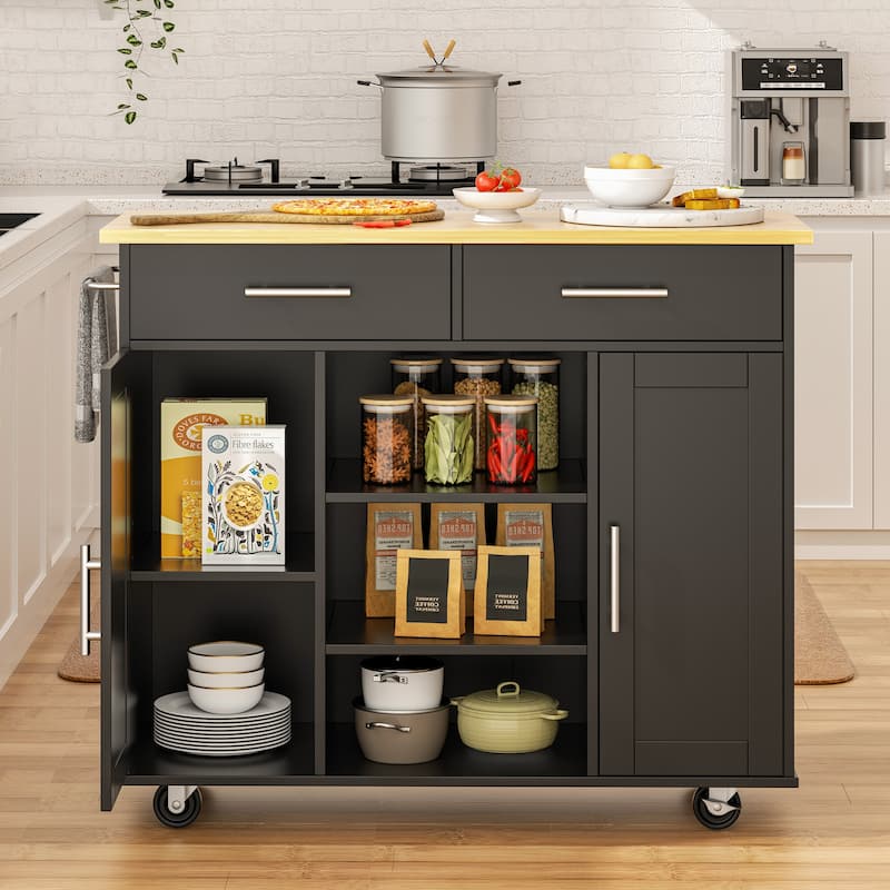 Rolling Kitchen Island with Storage Cabinet & Drawers - Rubber Wood Top for Dining & Kitchen Storage