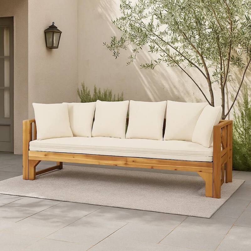 Outdoor Daybed Sofa, 79 Inch, Brown Acacia Wood Frame, Cream Cushions