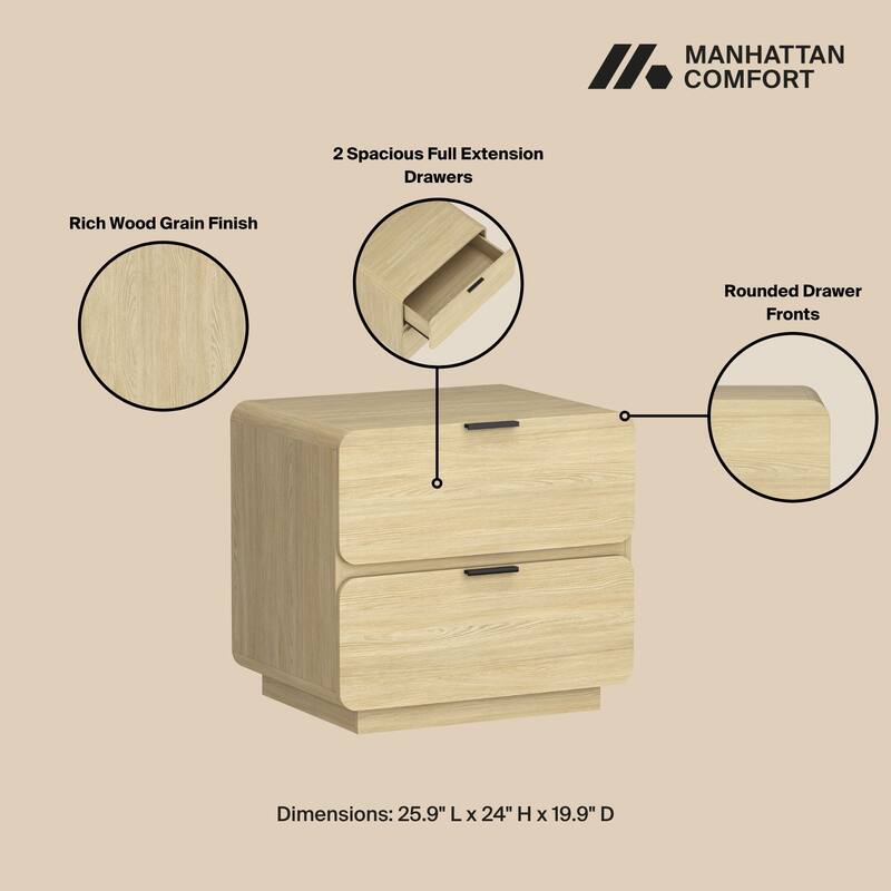 Sleek 26-Inch 2-Drawer Nightstand in Natural Finish