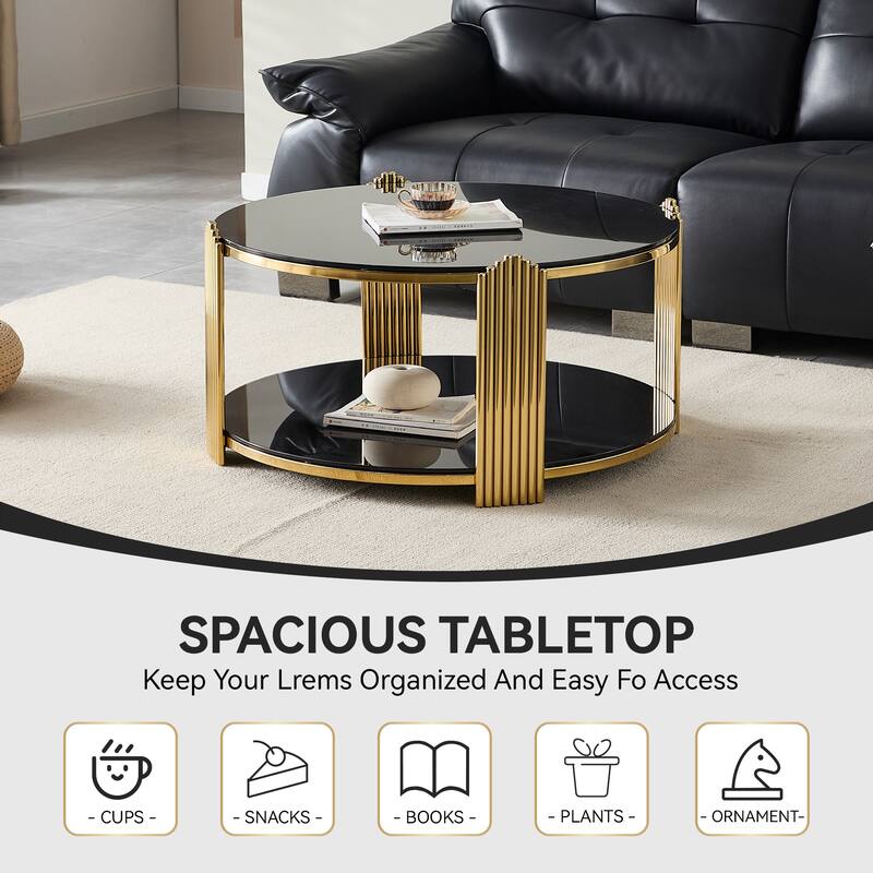 35inch Modern Coffee Table, Double-Layer Tempered Black Glass & Gold Stainless Steel Frame Living Room Table