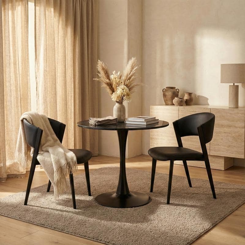 Bristol Modern Solid Wood Top Dining Table with Powder Coated Stainless Steel Pedestal Black Base for Home Kitchen or Restaurant