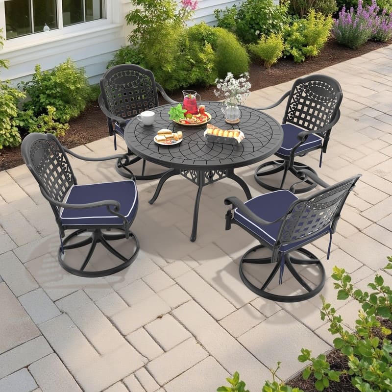 5-Piece Aluminum Round Outdoor Patio Dining Set, 4 Cushioned Swivel Chairs, Table, All-Weather Frames