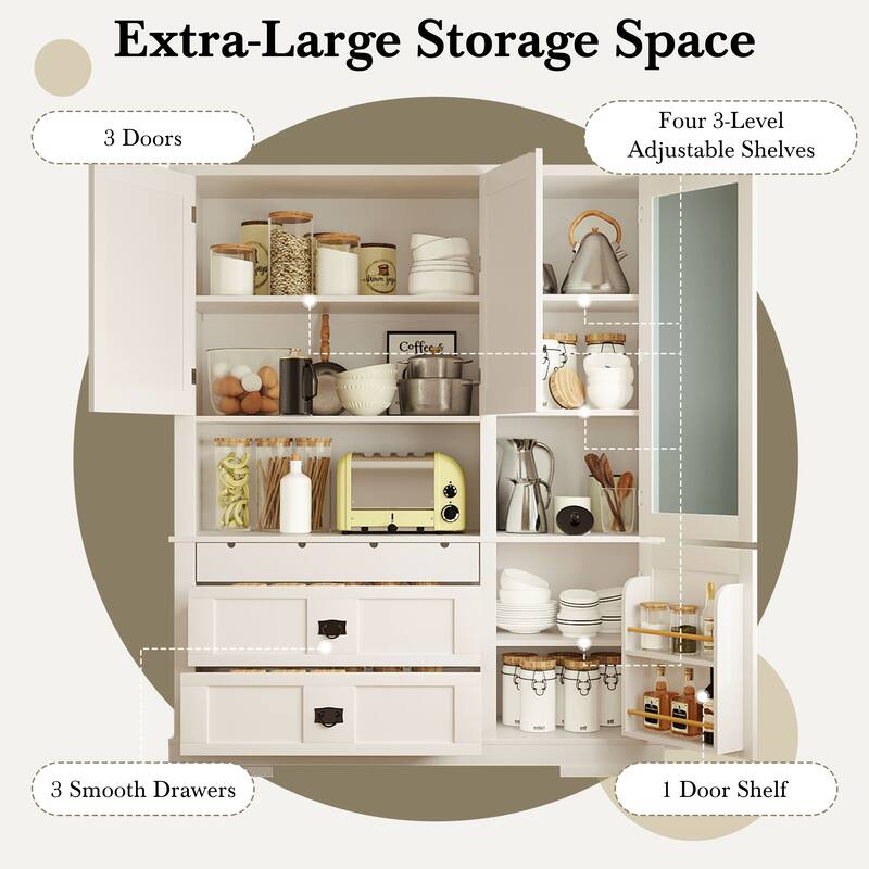 Traditional 63" Buffet Hutch Kitchen Pantry Cabinet with Drawers, Doors, and Adjustable Shelves for Dining Room or Storage