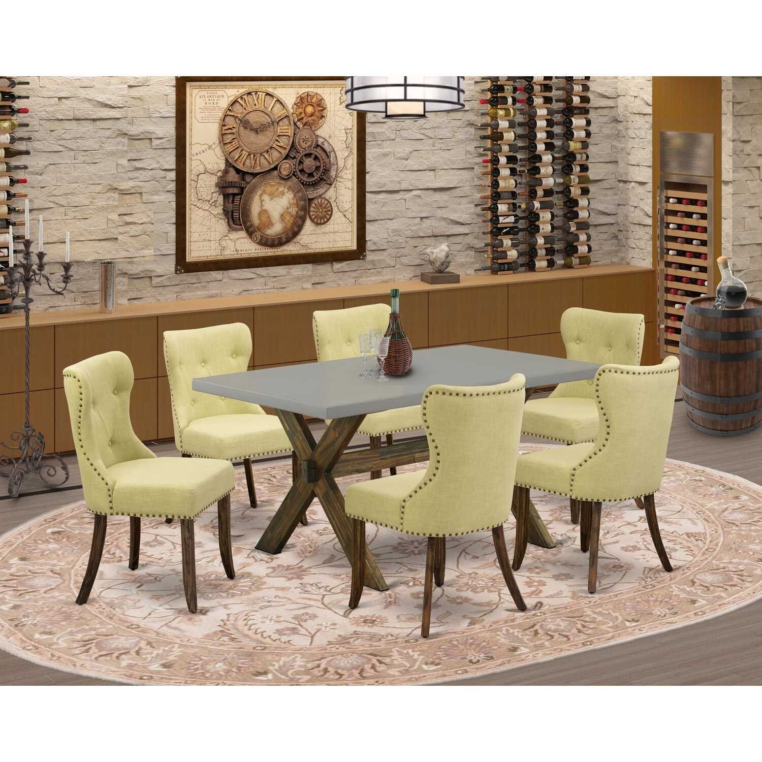 French Country 7-Piece Dining Set - Linen Fabric Parsons Chairs & Cement Top Table - Kitchen Living Room Furniture