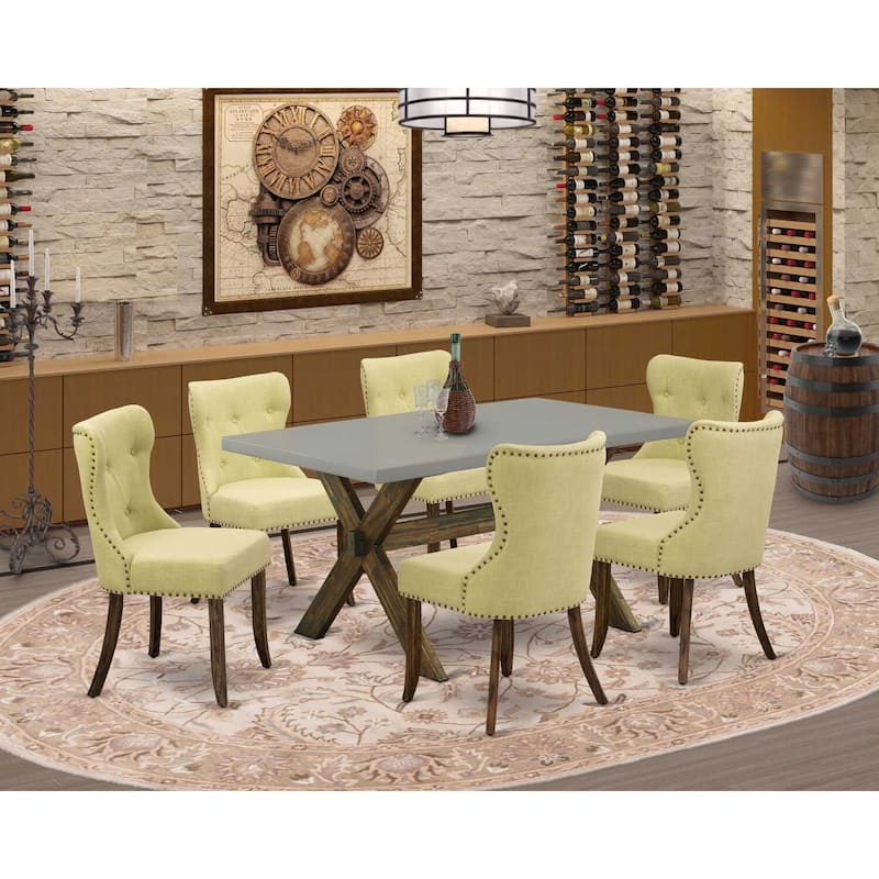 French Country 7-Piece Dining Set - Linen Fabric Parsons Chairs & Cement Top Table - Kitchen Living Room Furniture