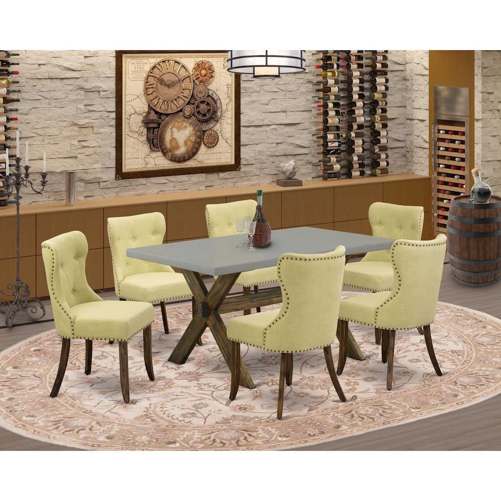 French Country 7-Piece Dining Set - Linen Fabric Parsons Chairs & Cement Top Table - Kitchen Living Room Furniture