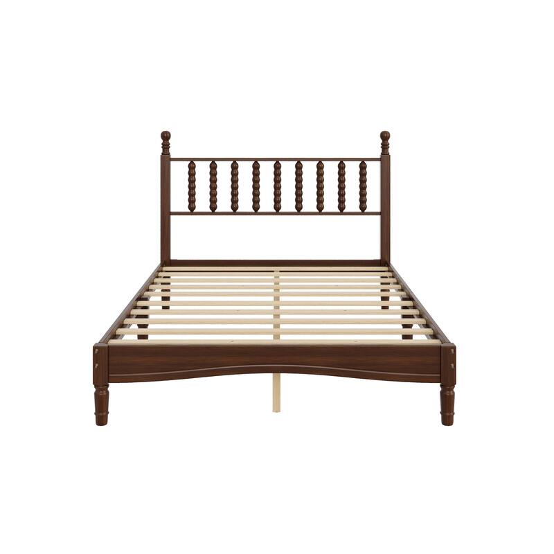Roomfitters Wood Platform Bed, Retro Gourd Spindle Headboard with Solid Slat Support, Walnut