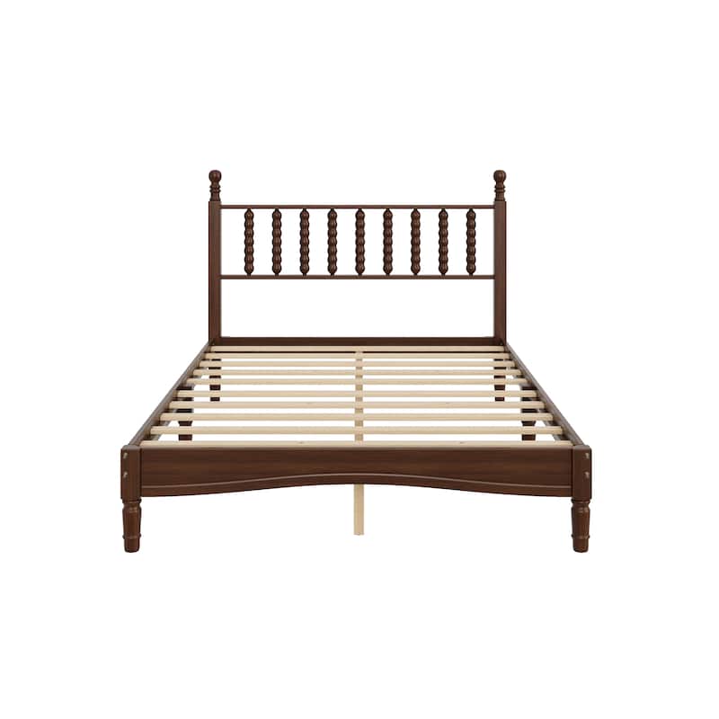 Wood Platform Bed Frame with Gourd Shaped Headboard, Retro Style Low Profile Bed with Wooden Slat Support, No Box Spring Needed