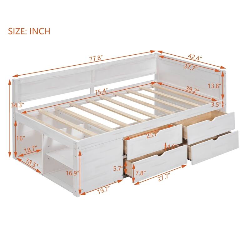 Modern Daybed with Drawers and Shelves