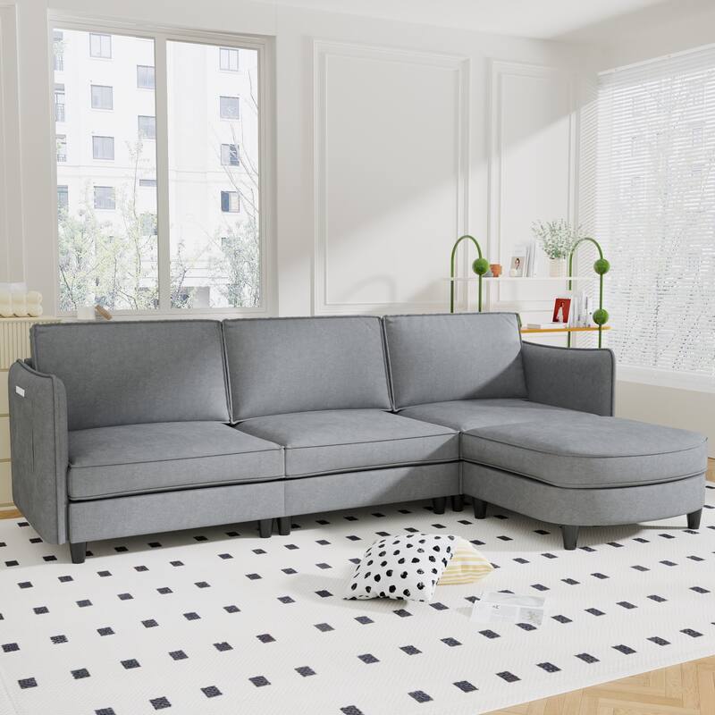 107.8'' 3 Seater L-Shaped Grey Fabric Sofa with Movable Ottoman & Arm Pockets