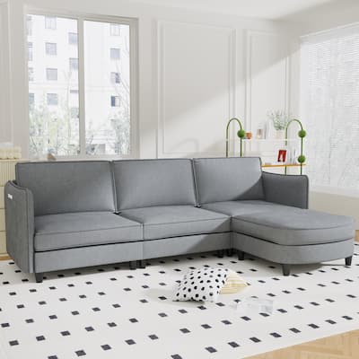 107.8'' 3 Seater L-Shaped Grey Fabric Sofa with Movable Ottoman & Arm Pockets
