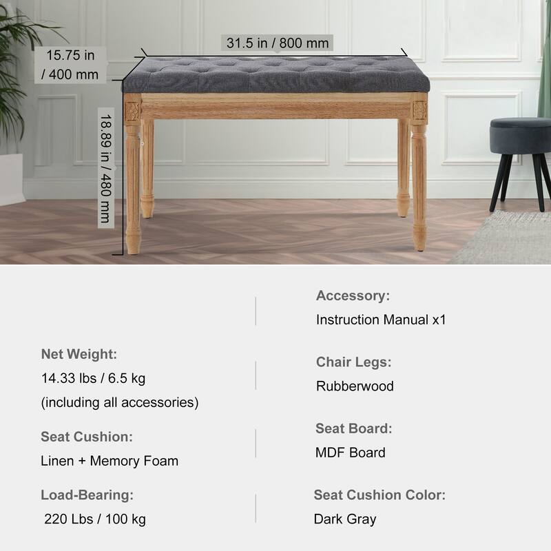 Upholstered Ottoman Bench with Tufted Cushion and Wood Legs - 31.5 x 15.75 x 18.89 inch