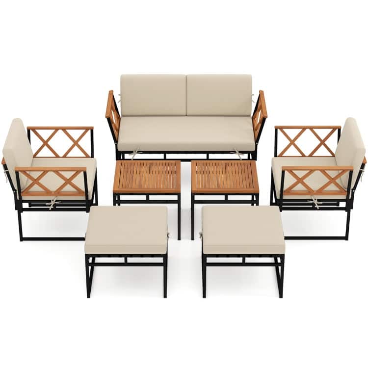 Beige Metal Acacia 7-Piece Patio Set with Cushions and Coffee Tables - Loveseat: 25.5" x 51" x 26" - Beige