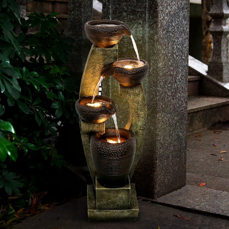 Faux Stone 40-inch Outdoor Garden Waterfall Fountain w/ Lights - Brown