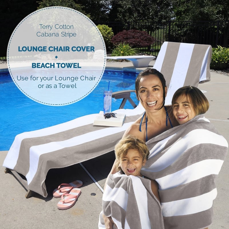 100% Cotton Cabana‑Stripe Lounge Chair Cover Terry Towel with Fitted Pocket & Back Flap Set of 2