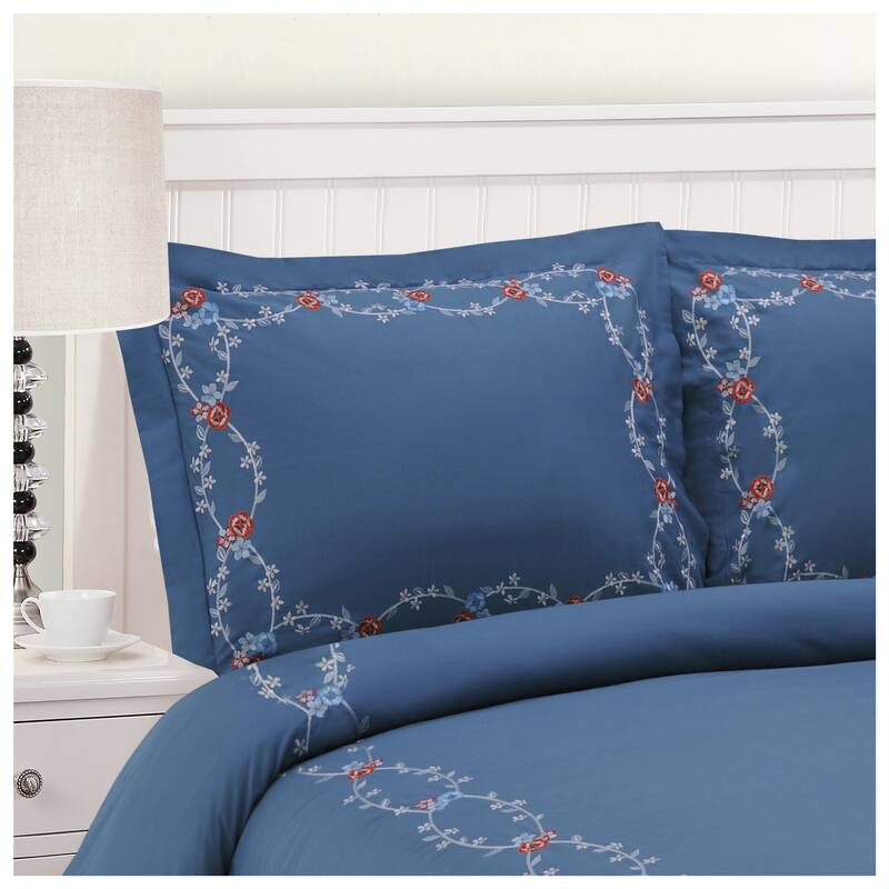 Cotton Traditional Floral Embroidery Duvet Cover Set by Superior