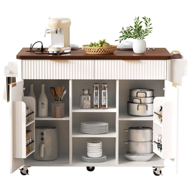 Roomfitters 52" Fluted Kitchen Island with Drop Leaf, Power Outlet & Walnut Wood-Grain Top