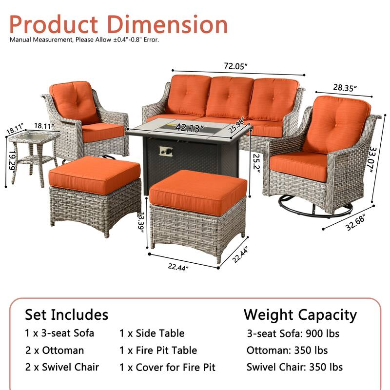 XIZZI 7-piece Patio Wicker Furniture High Back Chair Set with Firepit Table