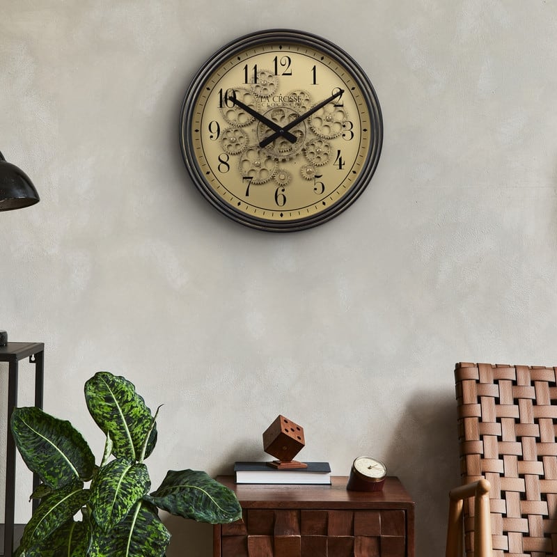 La Crosse 404-3439 15" Bronze Quartz Analog clock with Moving Gears