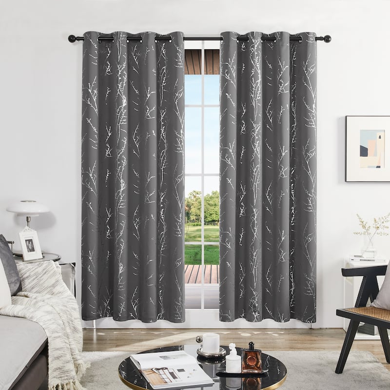 Deconovo Blackout Silver Tree Twigs Curtains(2 Panel) - 52x63 Inch - Light Grey