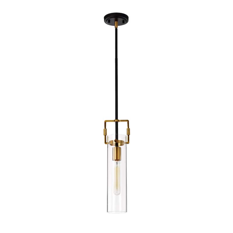 Black and Antique Gold 1-Light Mini Pendant with Clear Cylindrical Glass Shade