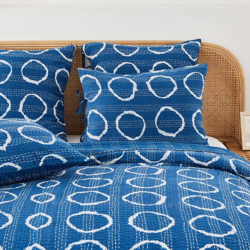 Melange Hand Stitched Kantha Block Print Circle Coverlets and Shams