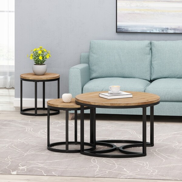 Round Nesting Coffee Table Set of 3 with Sturdy Metal Base