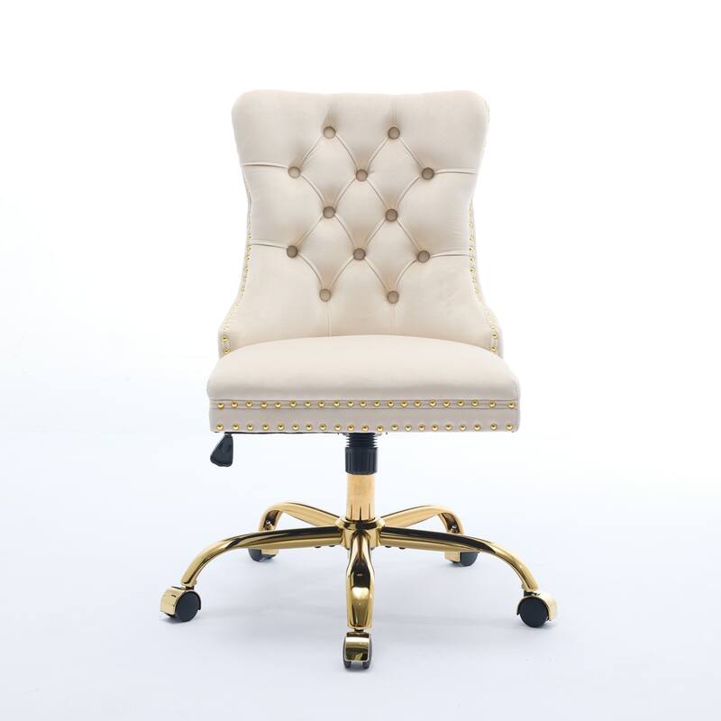 GDF Studio - Velvet Tufted Upholstered Home Office Chair with Golden Metal Base with Swivel Adjustment and Elegant Button Back