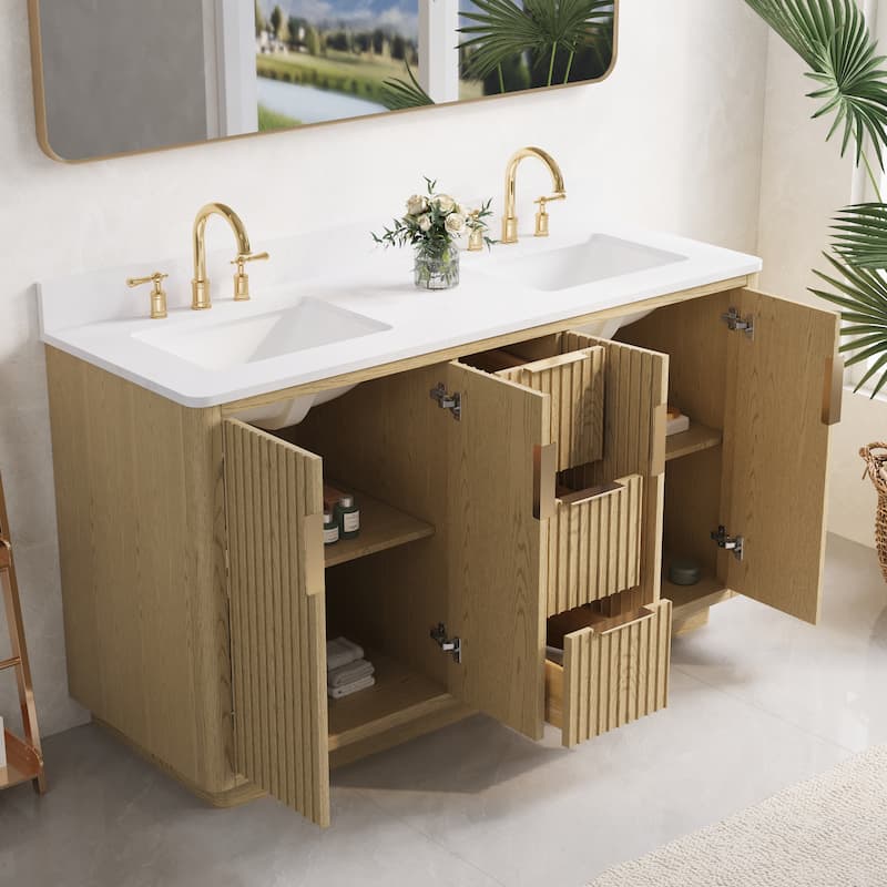 35''H Solid Wood Bathroom Vanity With Stain-resistant Carrera White Quartz Top and Sink