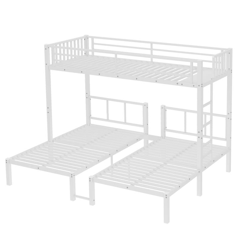 Triple Twin Metal Detachable L-Shape Bunk Bed with Guardrails, Twin XL Convertible Shelf and Under-Bed Table