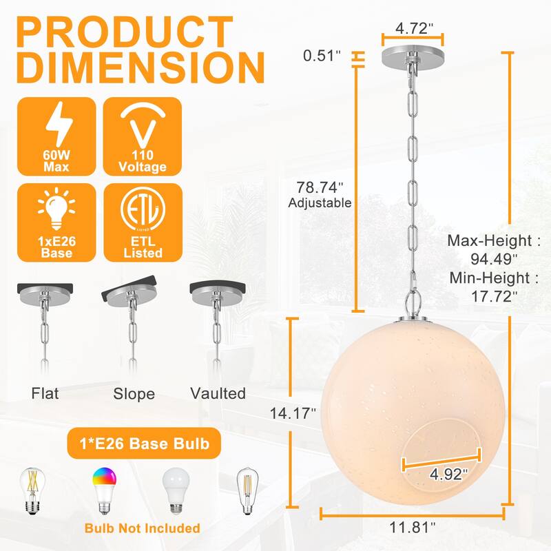 Modern White Bubble Glass Globe Pendant Light with Side Opening