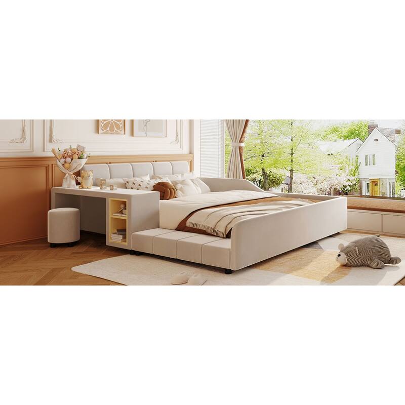 Roomfitters Full/Queen Size Upholstered Grounded Platform Bed with Bedside Desk and Round Stool, Velvet Fabric Bed Frame
