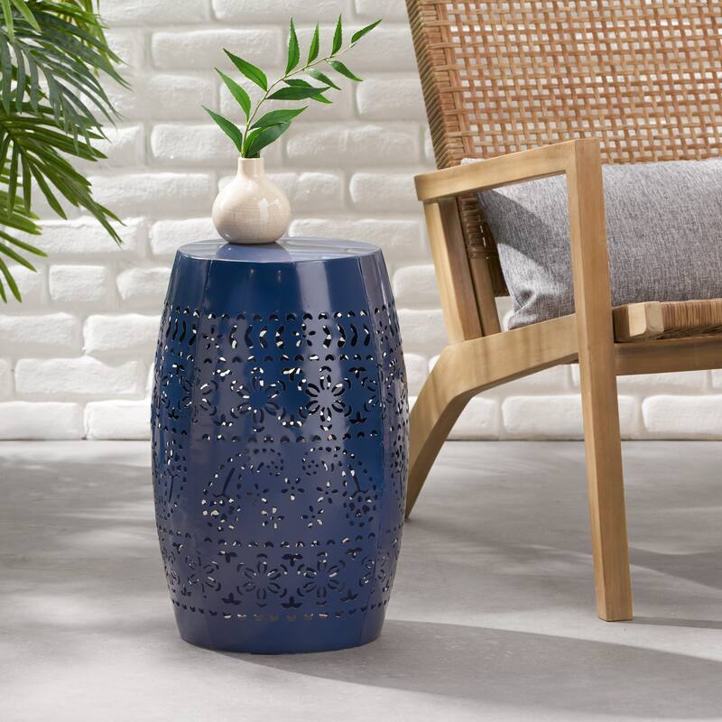 Side Table, Lace Cut Metal End Table for Outdoor & Indoor Use, Barrel Shape Accent Table, No Assembly Needed